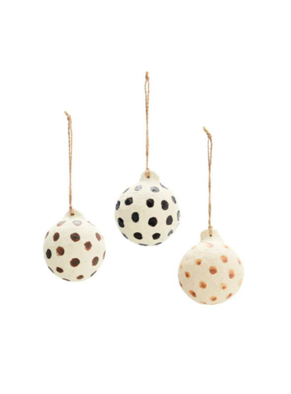 Set of 3 Handmade Paper Pulp Baubles With Dots